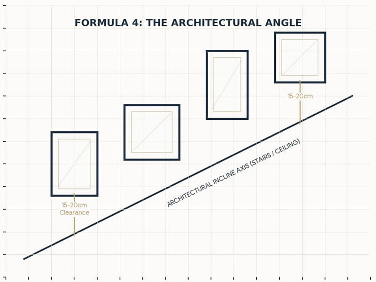 Gallery wall with architectural angle layout