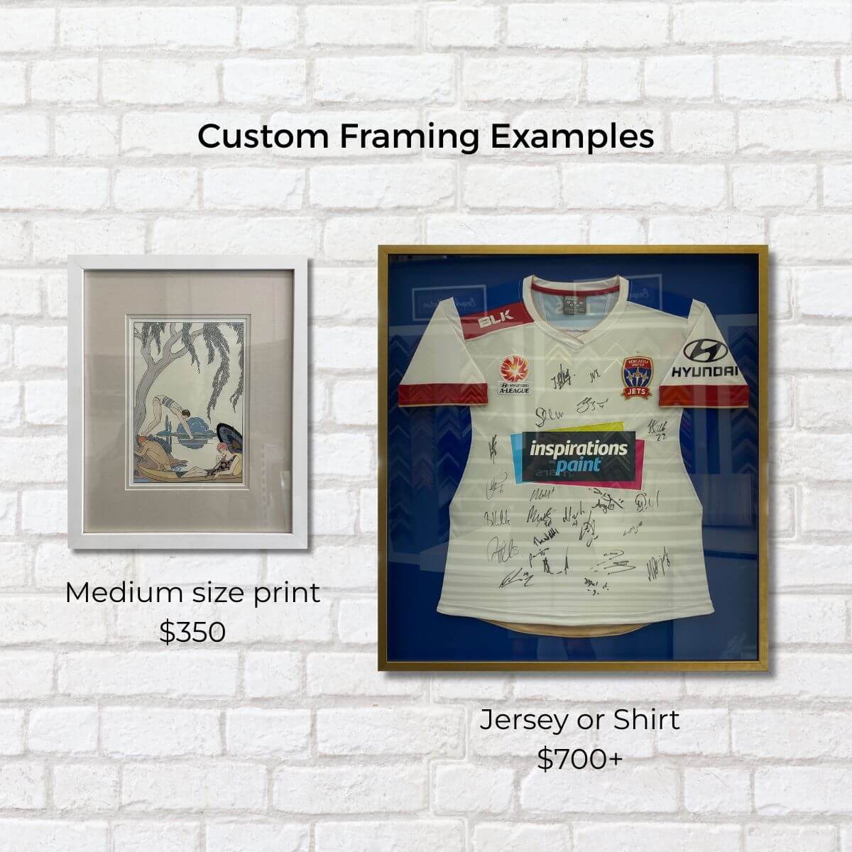 Custom framing examples Examples of custom framing including art and jersey