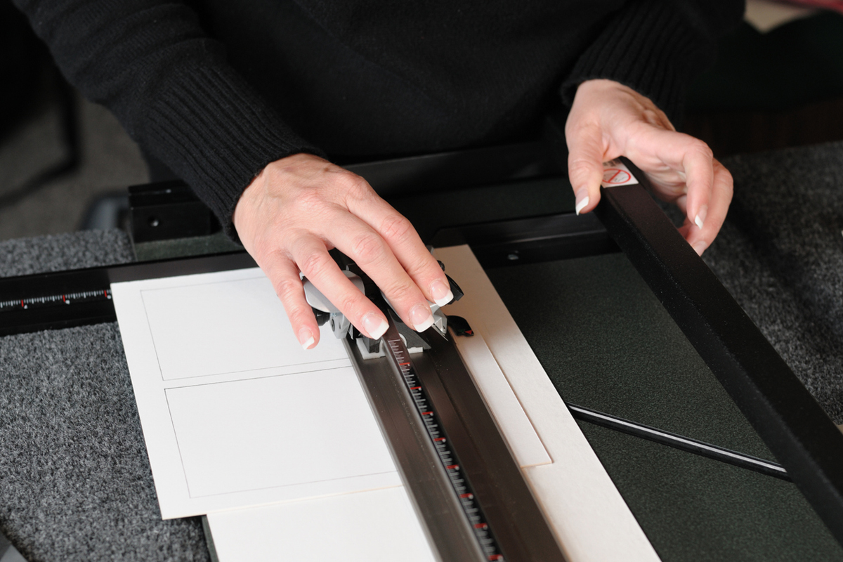 Picture frame mat board cut with 45-degree bevelled edge