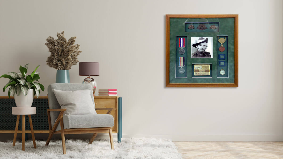 Military medals and photo framed to protect