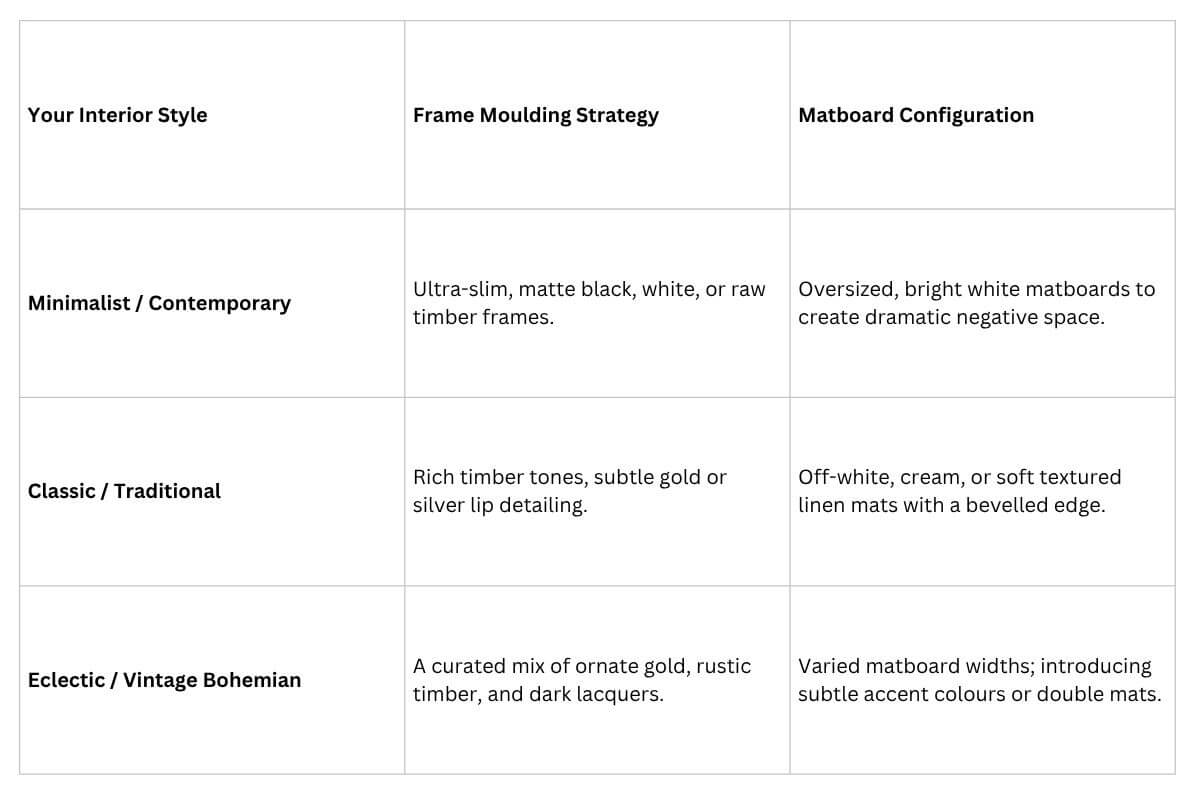 Gallery wall style, strategy & configuration matrix