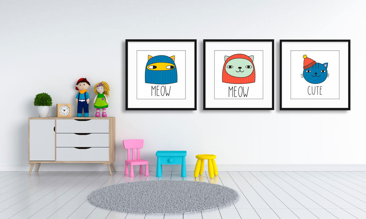 Kids Art Framed ot Preserve Kids cat art in black frame with white matboard