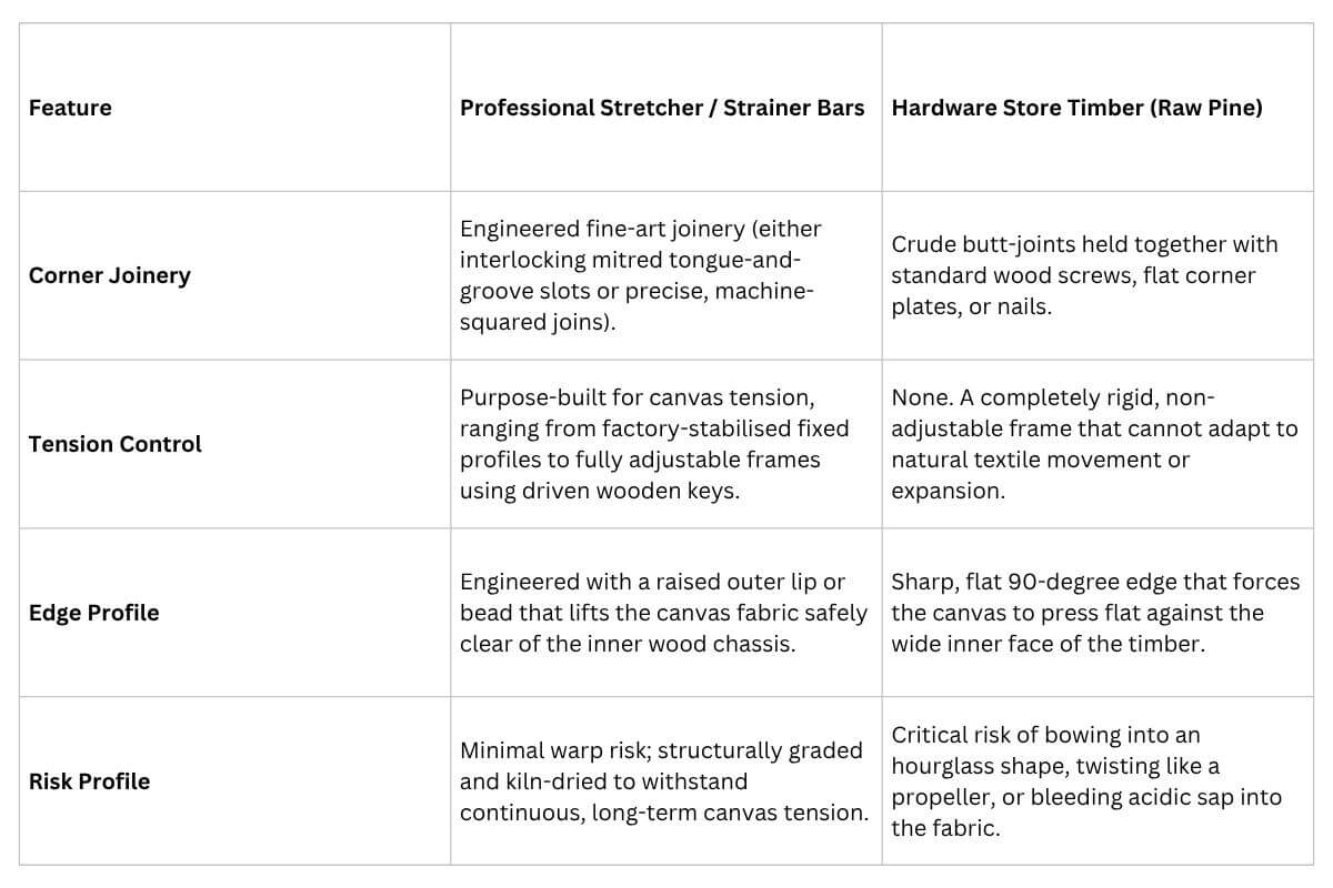 Framers stretcher bar strainer bar vs pine timber